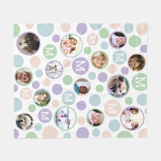 Polka Dot Cute Pastels Monogram 14 Foto Collage Fleece Deken (Voorkant (Horizontaal))