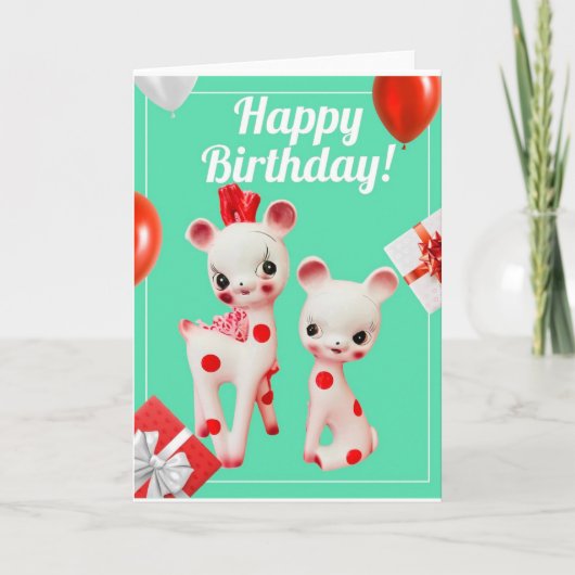 Polka Dot Deer Kitsch Retro Birthday Kaart (Voorkant)