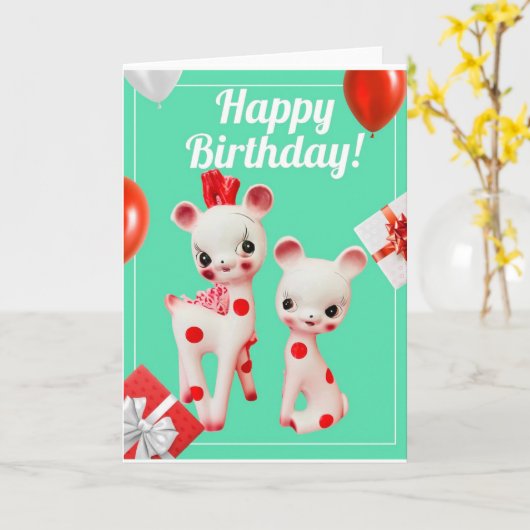  Polka Dot Deer Kitsch Retro Birthday Kaart (Gele Bloem)