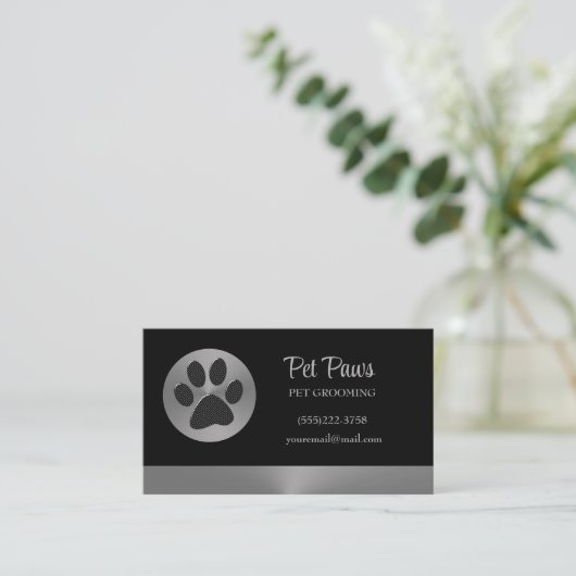 Polka Dot Dog Paw op Silver Pet Grooming Service Visitekaartje (Staand voorkant)