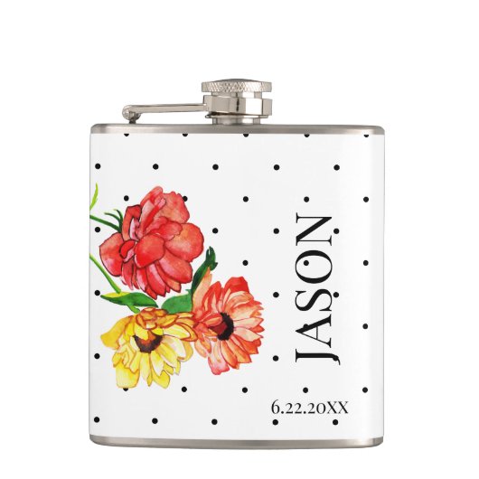 Polka Dot en Rood Geel Bloemen Groomsmen Heupfles (Voorkant)