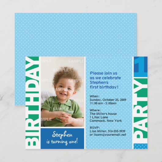 Polka Dot First Birthday Party Invitation Briefkaa Uitnodiging Briefkaart (Voorkant / Achterkant)