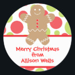 Polka Dot Gingerbread Man Christmas Gift Sticker<br><div class="desc">Klik op "Aanpassen" voor lettertype- en tekstopties. Coördinerende items beschikbaar op www.gem-ann.com (Zazzle store).</div>