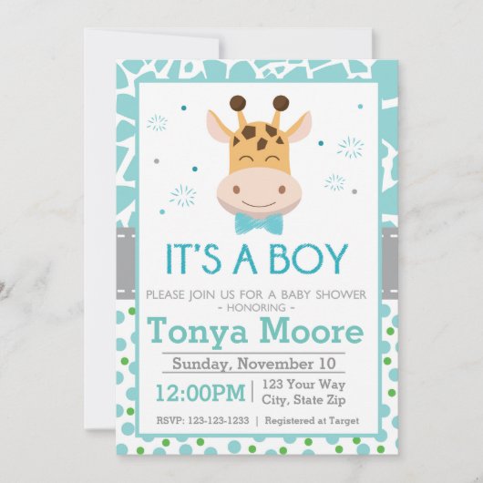 Polka Dot Giraffe Baby shower Uitnodiging (jongen) (Voorkant)