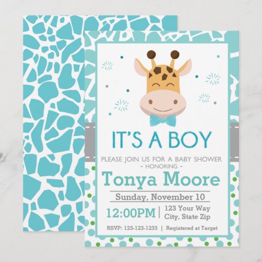 Polka Dot Giraffe Baby shower Uitnodiging (jongen) (Voorkant / Achterkant)