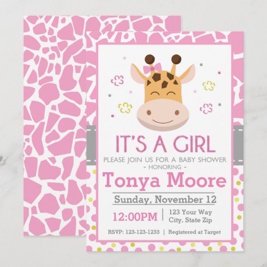 Polka Dot Giraffe Baby shower Uitnodiging (meisje) (Voorkant / Achterkant)