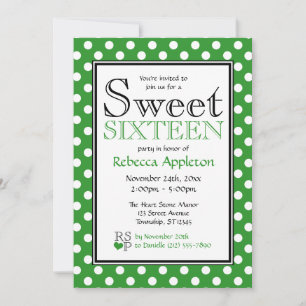 Polka Dot Green & White Sweet Sixteen Uitnodiginge Kaart