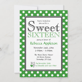 Polka Dot Green & White Sweet Sixteen Uitnodiginge Kaart