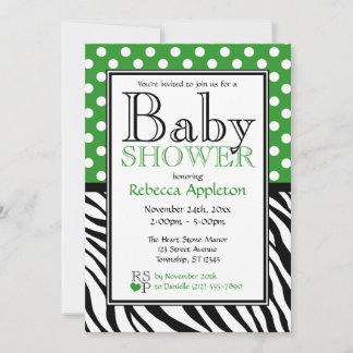 Polka Dot Green & Zebra Print Baby shower Kaart