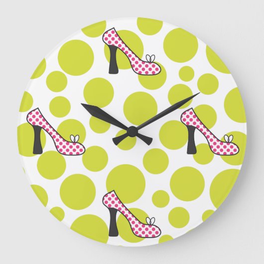 Polka Dot High Hielroze & Green Shoes Clock Grote Klok (Voorkant)