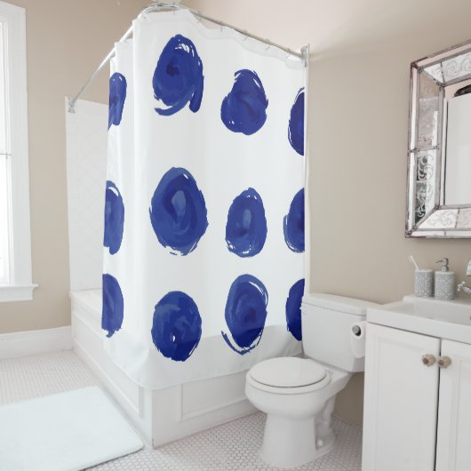 Polka dot, indigo blauwe waterverf. douchegordijn (In situ)
