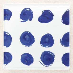 Polka dot, indigo blauwe waterverf. glazen onderzetter