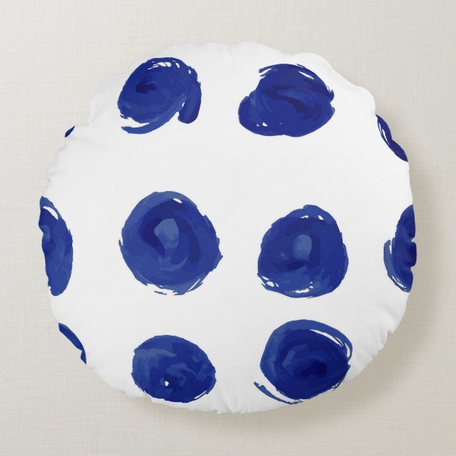 Polka dot, indigo blauwe waterverf. rond kussen (Voorkant)