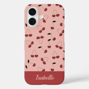 Polka dot kersen fruit patroon met aangepaste naam iPhone 16 hoesje