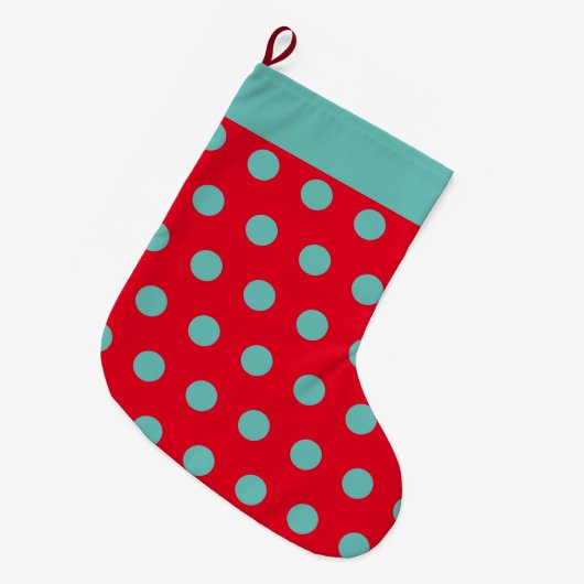 Polka Dot Kerstkous (Rood & Aqua) Grote Kerstsok (Voorkant (Hangend))