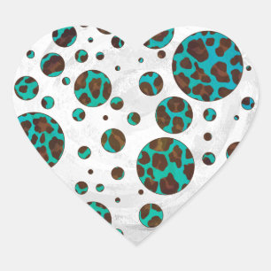 Polka Dot Koe Brown en Blauwgroen print Hart Sticker