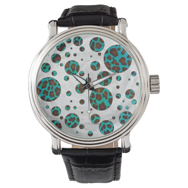 Polka Dot Koe Brown en Blauwgroen print Horloge (Voorkant)