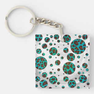 Polka Dot Koe Brown en Blauwgroen print Sleutelhanger