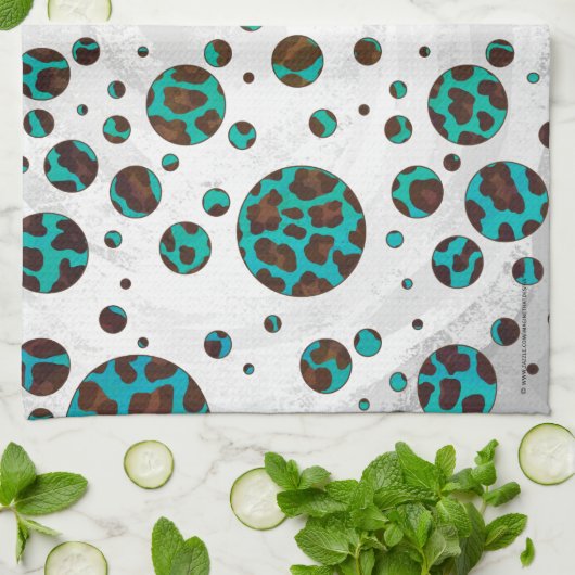 Polka Dot Koe Brown en Blauwgroen print Theedoek (Gevouwen)