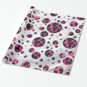 Polka Dot Koe Hot Pink en Black Print Cadeaupapier