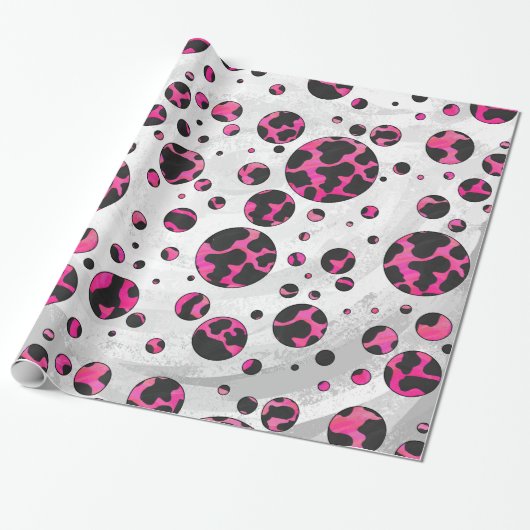 Polka Dot Koe Hot Pink en Black Print Cadeaupapier (Uitgerold)