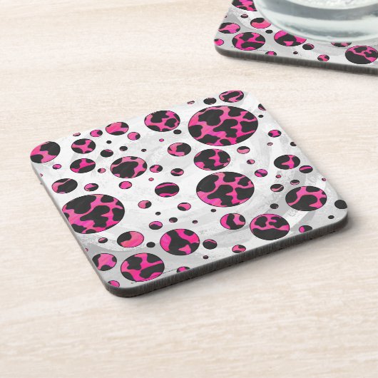 Polka Dot Koe Hot Pink en Black Print Drankjes Onderzetter (Linkerzijde)