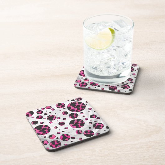 Polka Dot Koe Hot Pink en Black Print Drankjes Onderzetter (Rechterzijde)