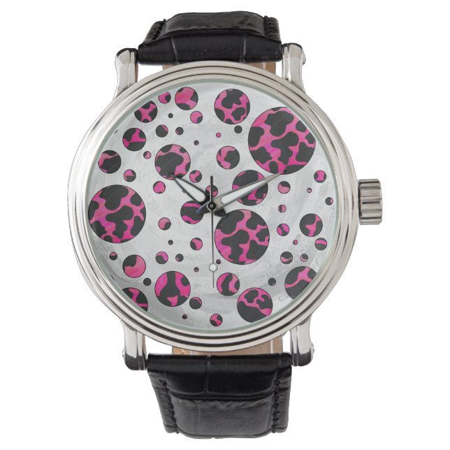 Polka Dot Koe Hot Pink en Black Print Horloge (Voorkant)