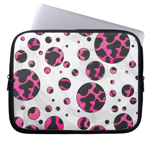 Polka Dot Koe Hot Pink en Black Print Laptop Sleeve (Voorkant)