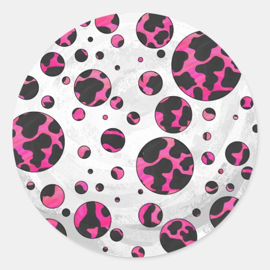 Polka Dot Koe Hot Pink en Black Print Ronde Sticker (Voorkant)