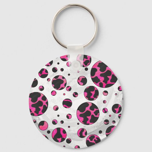 Polka Dot Koe Hot Pink en Black Print Sleutelhanger (Voorkant)