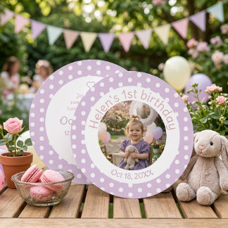 Polka Dot Lavender 1st Birthday Photo Invitation Kaart