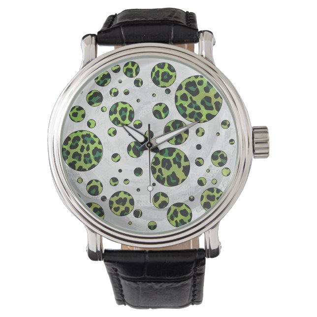 Polka Dot Leopard Black en Green Horloge (Voorkant)