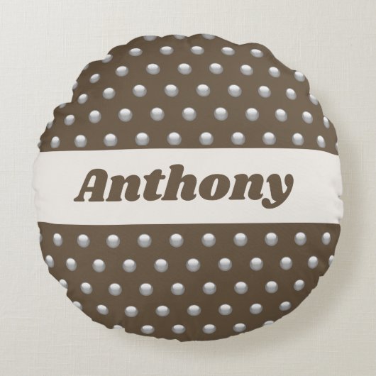 Polka Dot Metallic Silver en Dark Brown gepolijst Rond Kussen (Voorkant)