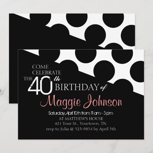 Polka Dot Modern 40th Birthday Invite Kaart (Voorkant / Achterkant)