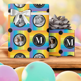 Polka Dot Monogram Aangepaste Foto's Regenboogcont Cadeaupapier