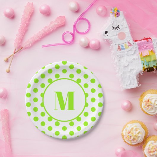 Polka Dot Monogram Initiaal Lime Groen op Wit Papieren Bordje (Feest)