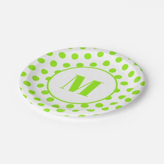 Polka Dot Monogram Initiaal Lime Groen op Wit Papieren Bordje (Gekanteld)