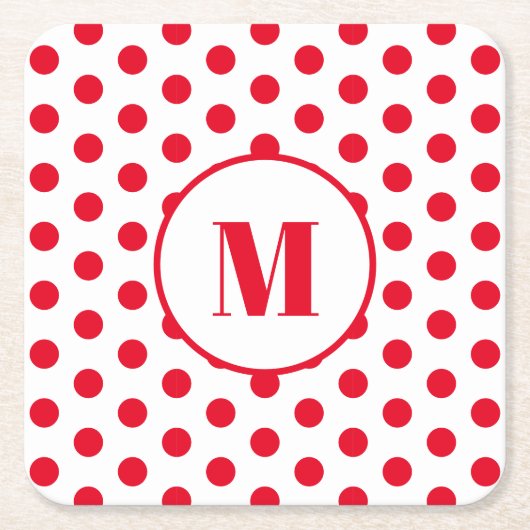 Polka Dot Monogram Initiaal Rode Stippen op Wit Kartonnen Onderzetters (Voorkant)