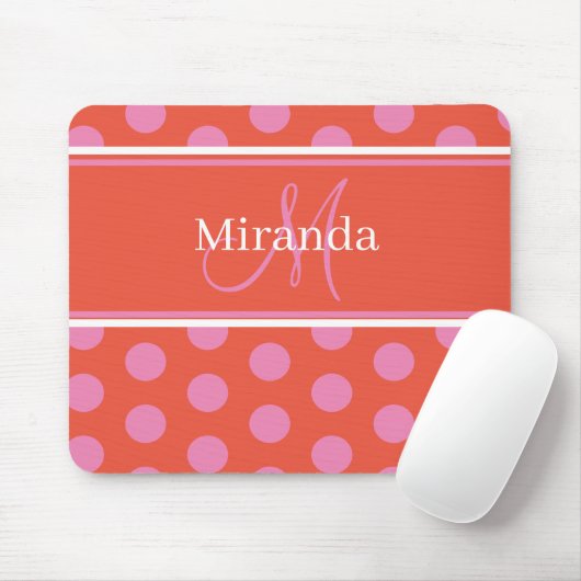 Polka Dot Monogram Script Roze Oranje Girly Stripe Muismat (Met muis)