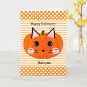 Polka Dot Oranje pomkin Cat Happy Halloween Kaart (Gele Bloem)