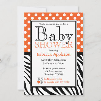 Polka Dot Oranje & Zebra Print Baby shower Kaart