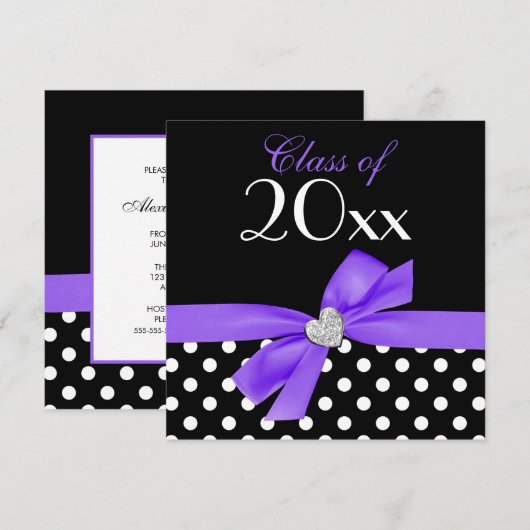 Polka Dot Paars Black Bow Heart Gradution Party Kaart (Voorkant / Achterkant)