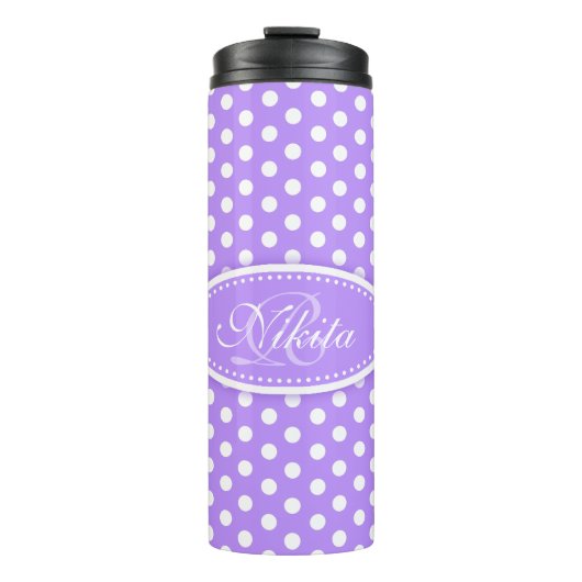 Polka dot paars en wit gepersonaliseerd thermosbeker (Voorkant)