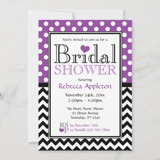 Polka Dot Paarse Chevron Bridal Shower Uitnodiging (Voorkant)