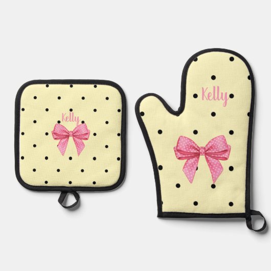 Polka dot pink and bow ovenwant & pannenlap set (Voorkant)