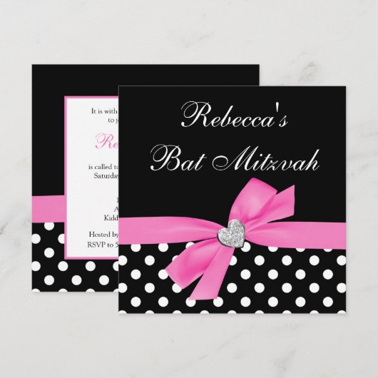 Polka Dot Pink Black Bow Heart Bat Mitzvah Kaart (Voorkant / Achterkant)