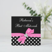Polka Dot Pink Black Bow Heart Bat Mitzvah Kaart (Staand voorkant)