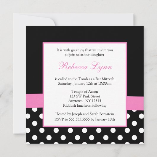 Polka Dot Pink Black Bow Heart Bat Mitzvah Kaart (Achterkant)