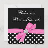 Polka Dot Pink Black Bow Heart Bat Mitzvah Kaart (Voorkant)